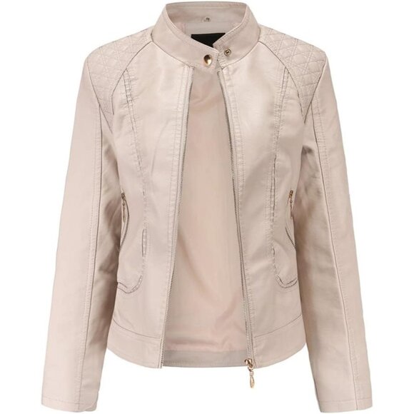🆕Women Cream Trendy Faux Leather Jacket Moto Short Metal Zipper Fashion PU Coat - Picture 1 of 3